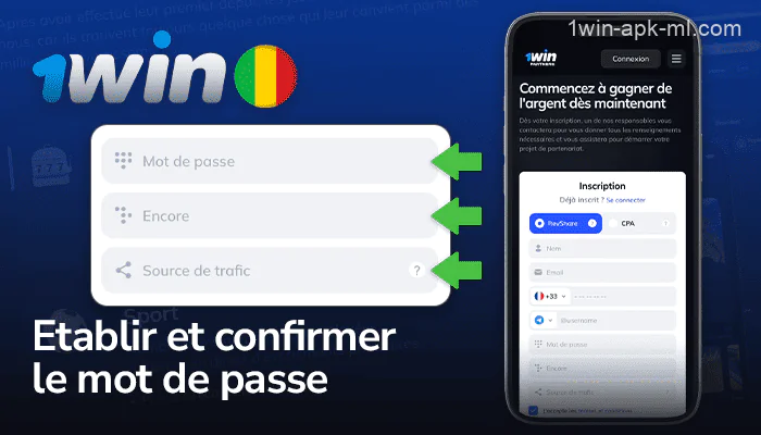 Spécifiez la source de trafic et créez un mot de passe sur le site Web du programme d'affiliation 1win