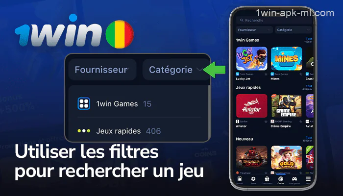 Parcourez le lobby des jeux et utilisez les filtres pour rechercher des jeux de casino sur l'application mobile 1win