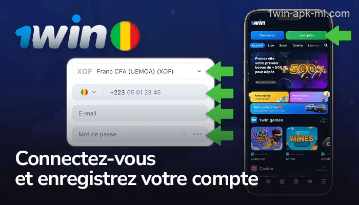 Saisissez les informations nécessaires pour vous enregistrer dans l'application 1win