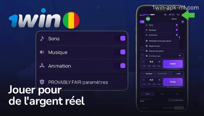 Sélectionnez l'option dans le coin supérieur du jeu Lucky Jet sur l'application 1win
