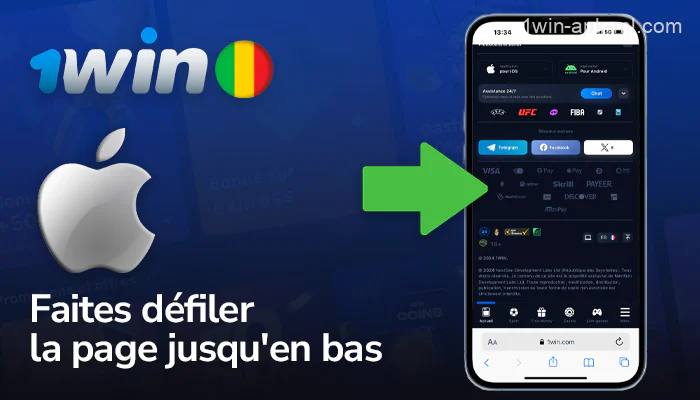 Faites défiler l'écran jusqu'au bas de la page d'accueil de 1win