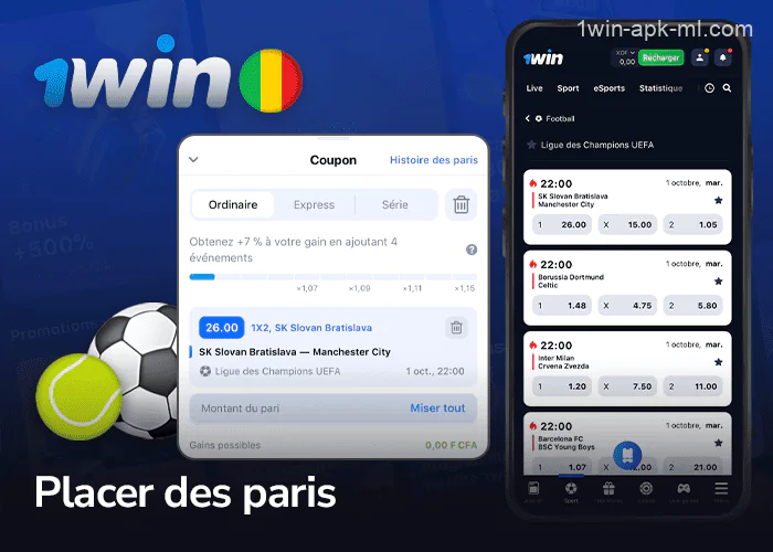 Instructions pour placer des paris dans l'application 1win Mali