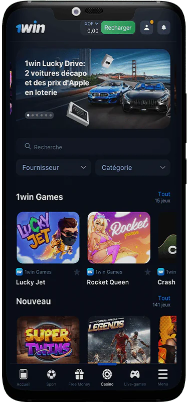 Capture d'écran de la page casino de l'application mobile 1win Mali