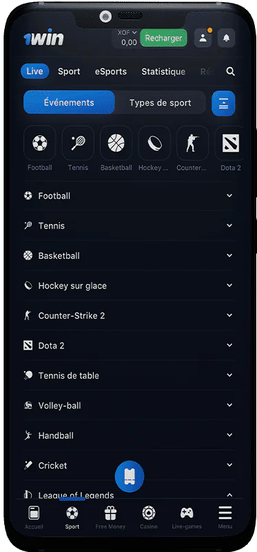 Capture d'écran de la page des paris sportifs de l'application mobile 1win Mali