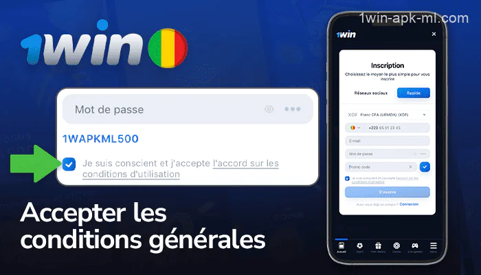 Cochez la case pour accepter les conditions générales de l'application 1win